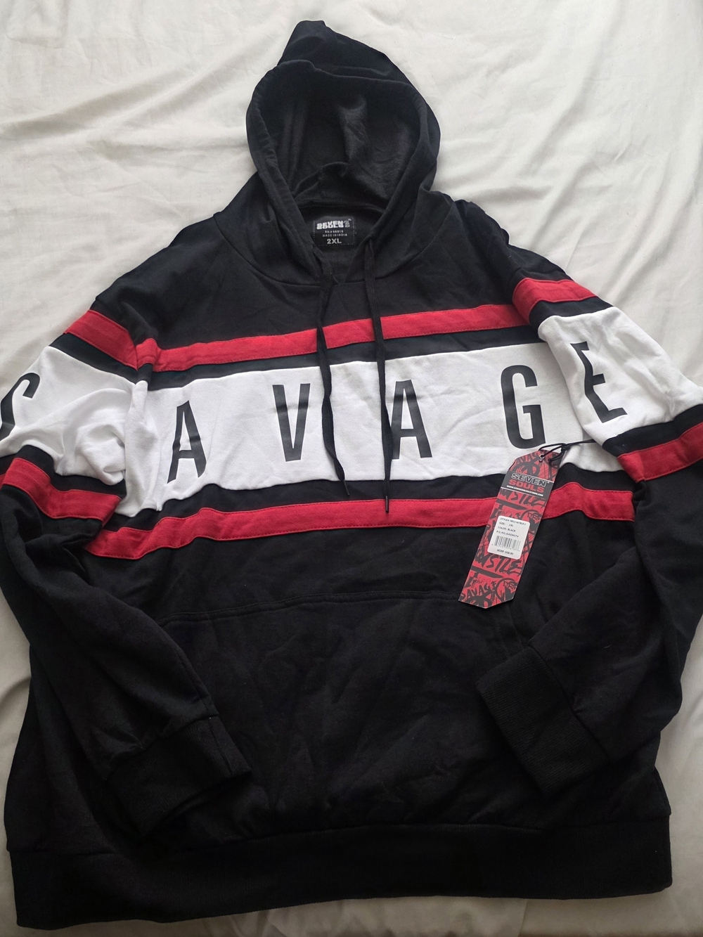 Savage Black, White & Red Striped Hooded Sweatshirt
